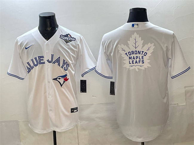 Men's Toronto Blue Jays & Leafs White 2025 World Series With White Leafs Logo Cool Base Stitched Baseball Jersey Men's Toronto Blue Jays & Leafs White 2025 World Series With White Leafs Logo Cool Base Stitched Baseball Jersey